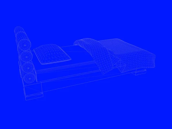 Renderização 3d de um modelo de cama como linhas em um fundo azul — Fotografia de Stock