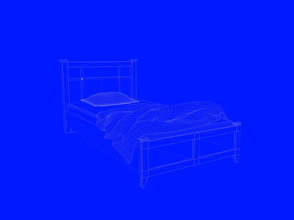 3d rendering of a bed blueprint as lines on a blue background — Stock Photo, Image