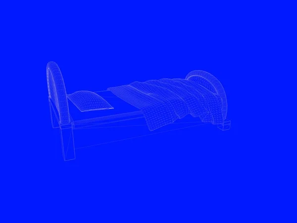 3d rendering of a bed blueprint as lines on a blue background — Stock Photo, Image