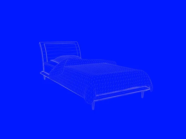 Representación 3d de un modelo de cama como líneas sobre un fondo azul — Foto de Stock