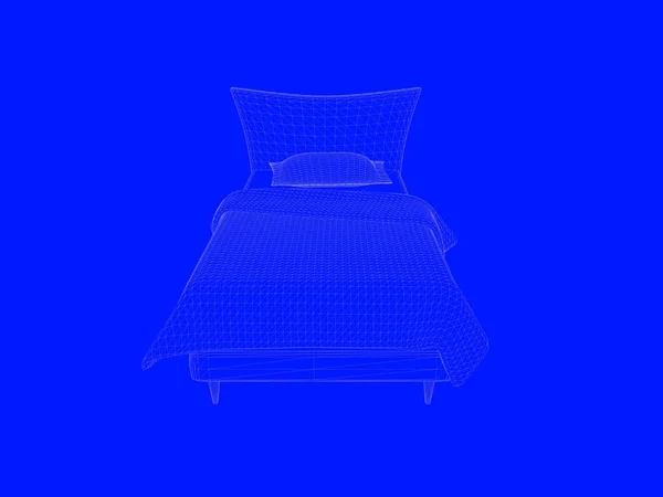 Representación 3d de un modelo de cama como líneas sobre un fondo azul — Foto de Stock