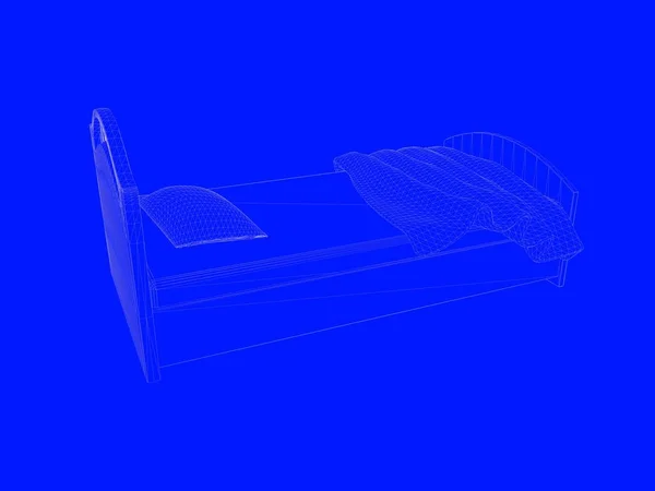 3d rendering of a bed blueprint as lines on a blue background — Stock Photo, Image