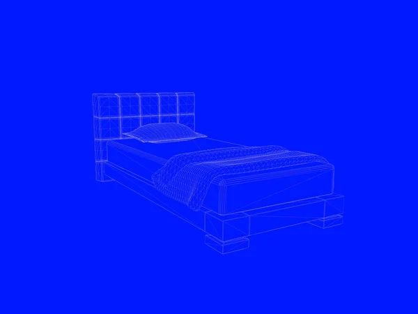 Rendering 3d dari cetak biru tempat tidur sebagai garis di latar belakang biru — Stok Foto