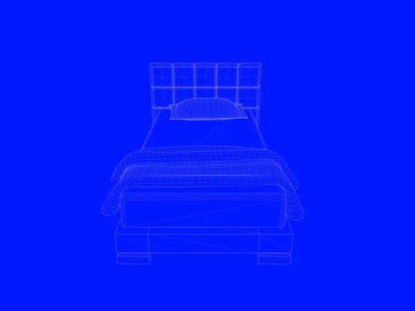 Representación 3d de un modelo de cama como líneas sobre un fondo azul — Foto de Stock