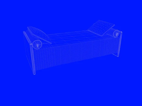 Representación 3d de un modelo de cama como líneas sobre un fondo azul — Foto de Stock