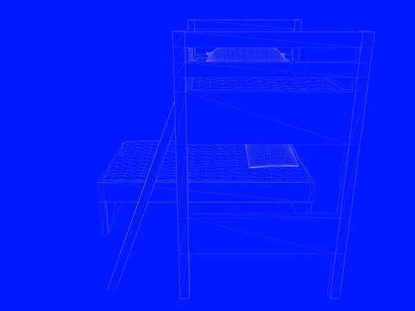 3D-rendering av en säng plan som linjer på en blå bakgrund — Stockfoto