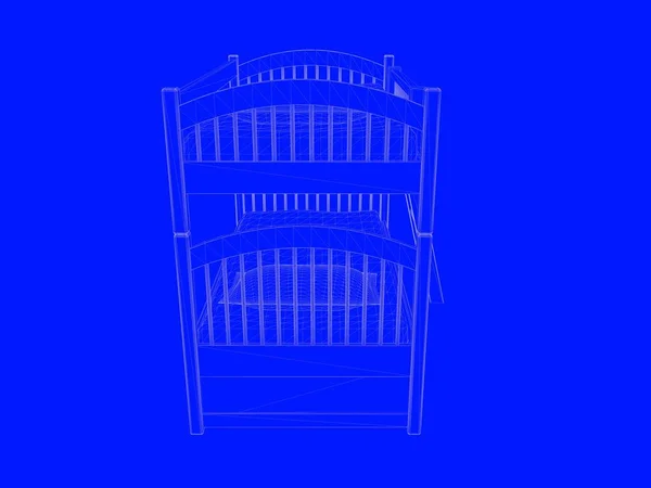 Representación 3d de un modelo de cama como líneas sobre un fondo azul —  Fotos de Stock