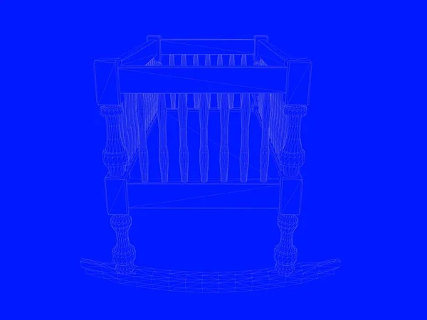 Renderização 3d de um modelo de cama como linhas em um fundo azul — Fotografia de Stock