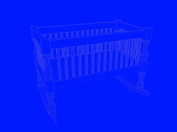 파란색 배경에 선으로 침대 청사진의 3d 렌더링 — 스톡 사진