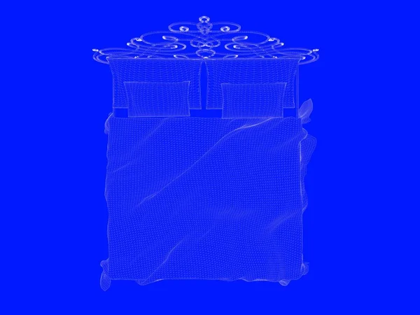 3D-weergave van de blauwdruk van een bed als lijnen op een blauwe achtergrond — Stockfoto