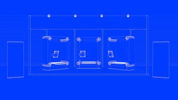 3D-Rendering einer linierten Blaupause Ausstellungsdesign mit Ständen — Stockfoto