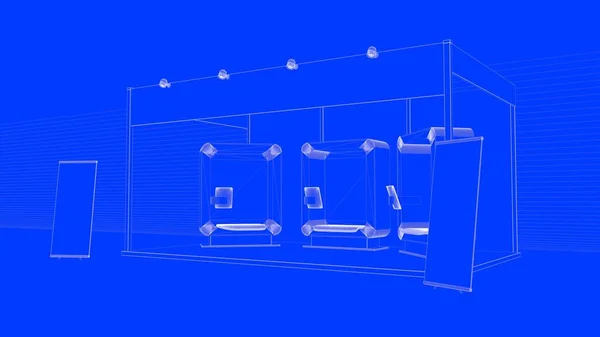 3D-Rendering einer linierten Blaupause Ausstellungsdesign mit Ständen — Stockfoto