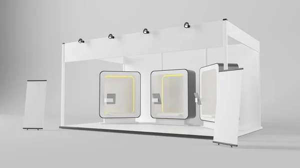 Representación 3d de una exposición futurista con tres stands y un —  Fotos de Stock