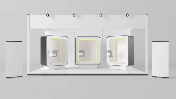 fütüristik bir sergi üç kabinleri ile 3D render ve bir