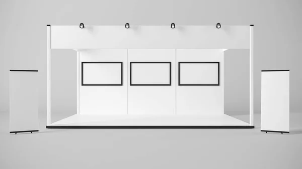 3D representación de un stand de exposición blanco con luz para diferir — Foto de Stock