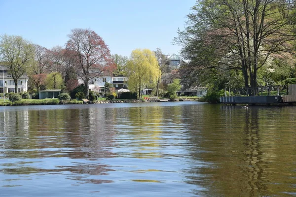 Sunny day in hamburg with green water and nice nature — Stock Photo, Image