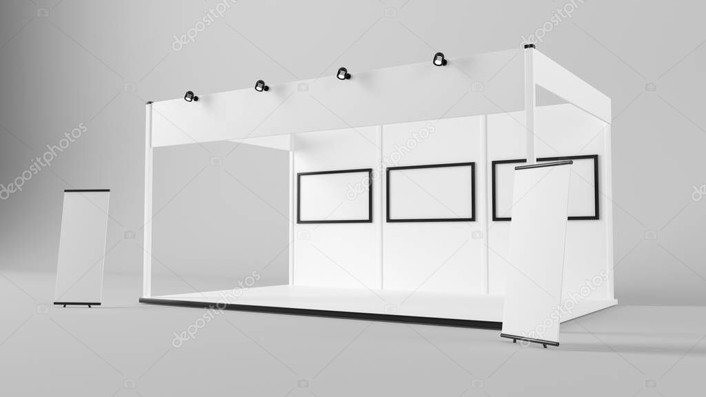 3d rendering of a white exhibition stand with light for differen