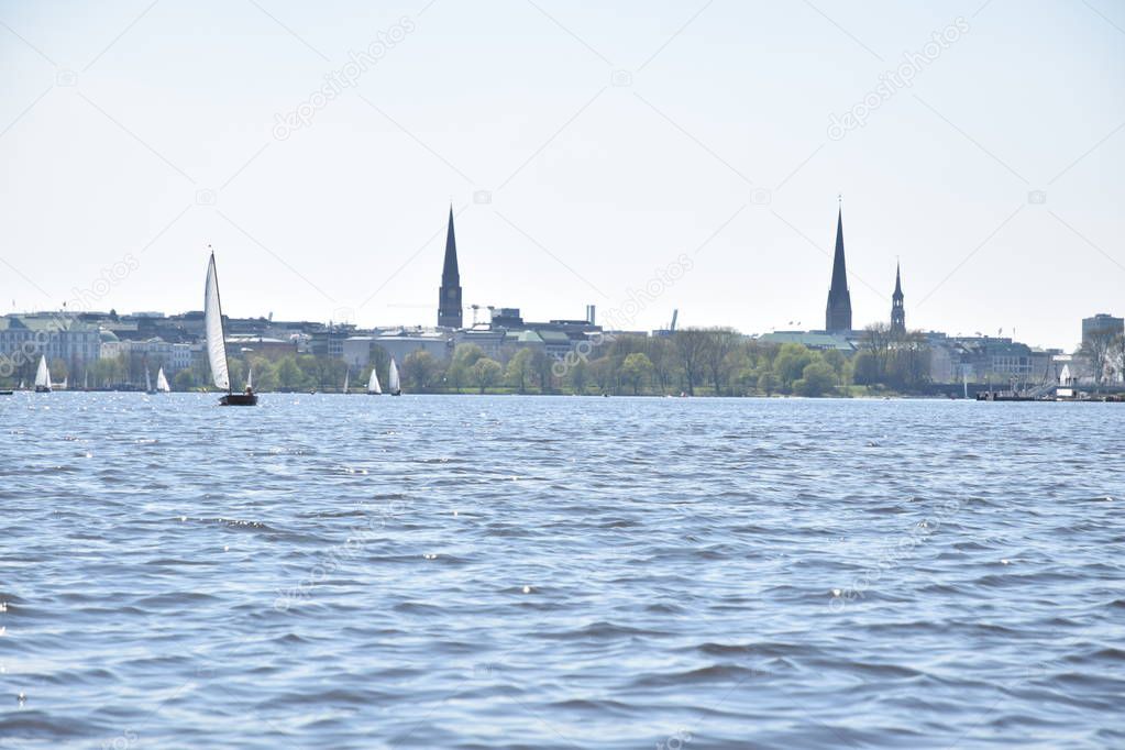 sunny day in hamburg with green water and nice nature
