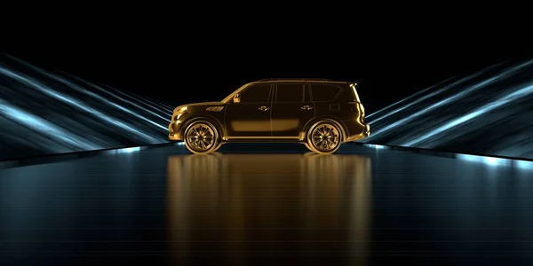 3d renderização de um carro dourado dentro de uma estrada futurista com escuro — Fotografia de Stock