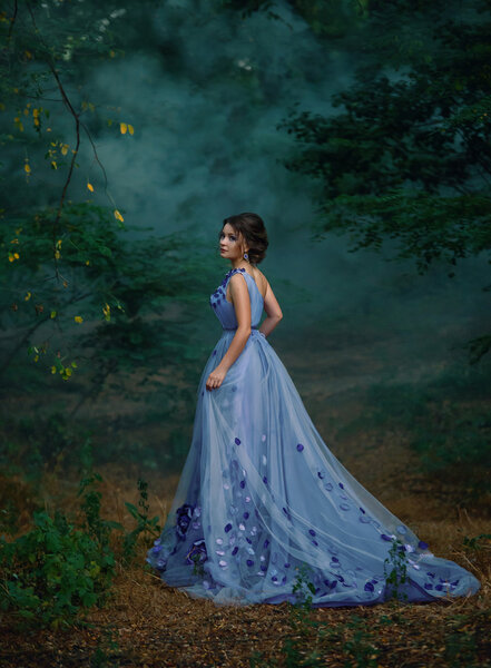 Ladies luxury lush long dresses with unusual patterns. Wonderful Princess walking in a fantastical forest. Outfit - exclusive handmade. Photo Fairy. Fashionable toning. Creative computer colors.