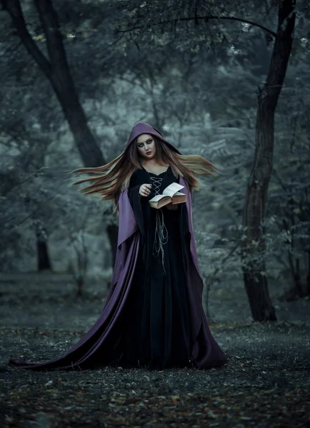 The wicked witch in a long dark cloak, casts a spell — Stock Photo, Image