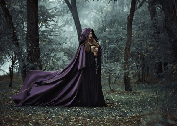 On the eve of Halloween witch casts a spell, decided to collect a potion to brew, walking in the mysterious woods, keeping his book with conspiracies. Fabulous and mystical concept. Fashionable toning. Creative color.
