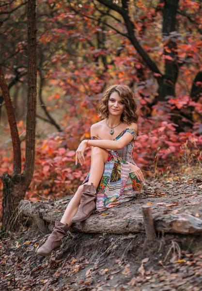 Молода красива дівчина ходить в осінньому лісі — стокове фото