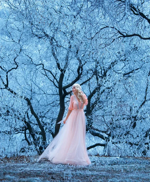 Hermosa joven camina uno entre los árboles nevados . — Foto de Stock