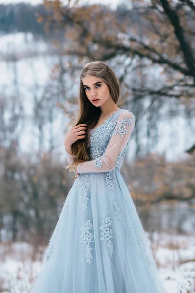 Signora in un lussureggiante abito blu di lusso — Foto Stock