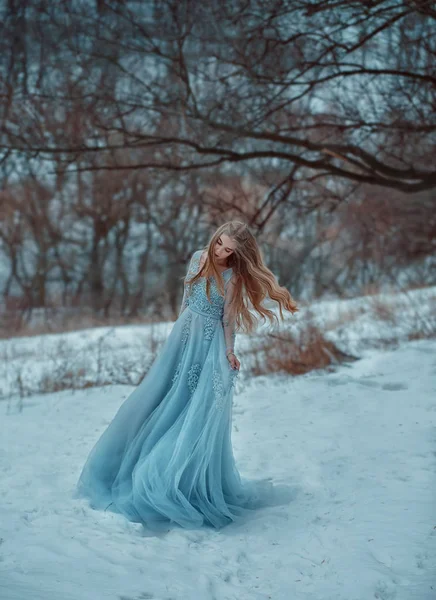 Dame in een weelderige blauwe jurk luxe — Stockfoto