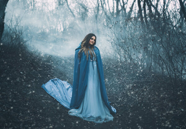 A big, beautiful woman in a blue raincoat, walks in a fog. Background dark forest, bare trees. Creative colors