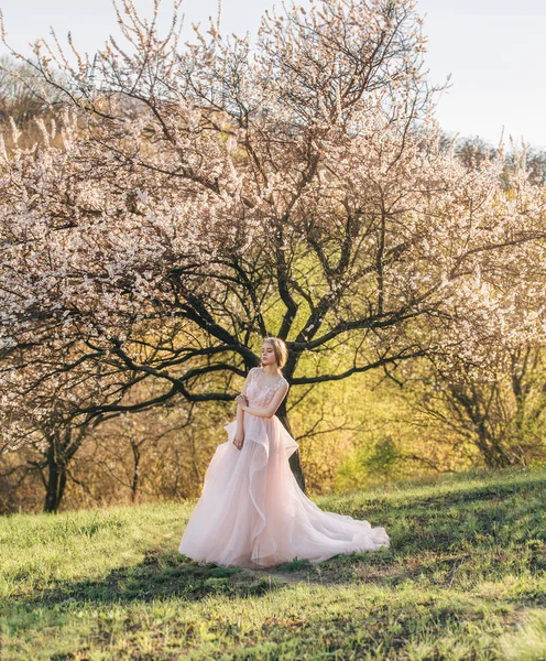 Uma jovem na primavera em um luxuoso dres — Fotografia de Stock