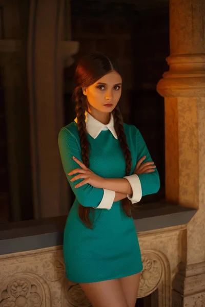 Mysterious schoolgirl in beautiful school uniform — Stock Photo, Image