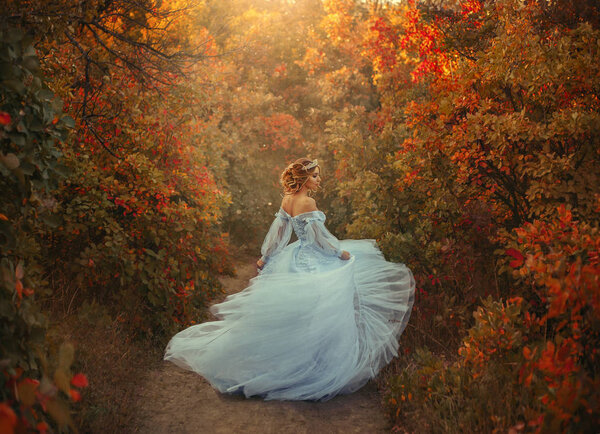 A young princess turns in a beautiful blue dress. The background is bright, golden autumn nature. Artistic Photography