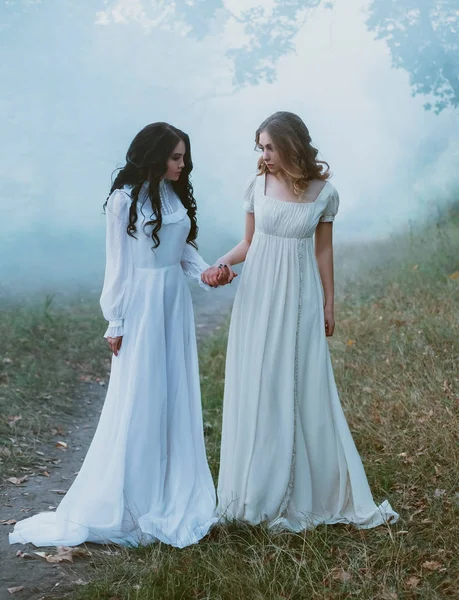 Duas meninas bonitas estão andando na natureza outono — Fotografia de Stock