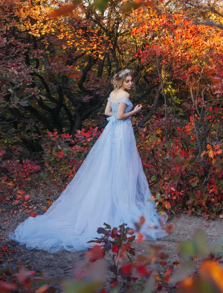 一个年轻的公主走在一件漂亮的蓝色连衣裙 — 图库照片