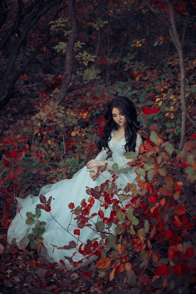 美丽的女孩在一个神话般的秋花园 — 图库照片