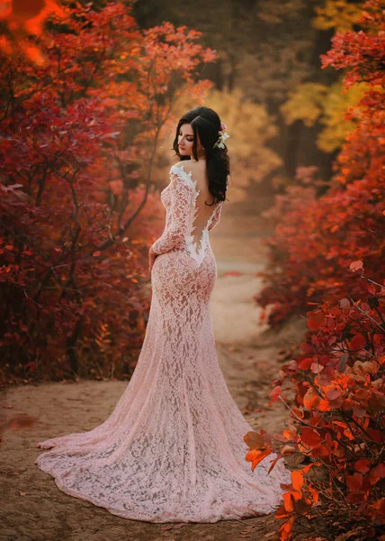 Šťastná nevěsta v krásné pudrové šaty. — Stock fotografie