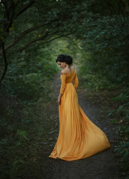 Uma Menina Frágil Macia Vestido Vintage Amarelo Fundo Arco Místico — Fotografia de Stock