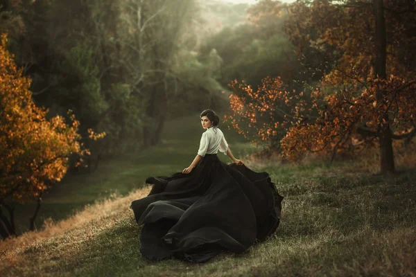 Girl Vintage Dress Running Looking Train Waving Wind Artistic Photography — Stock Photo, Image