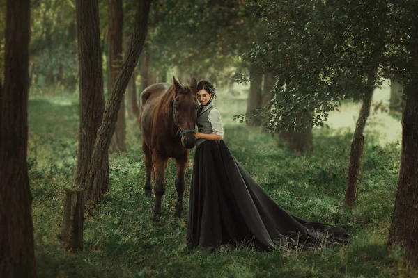 Senhora Gourmet Num Vestido Vintage Belo Cavaleiro Gentilmente Abraça Cavalo Imagens Royalty-Free