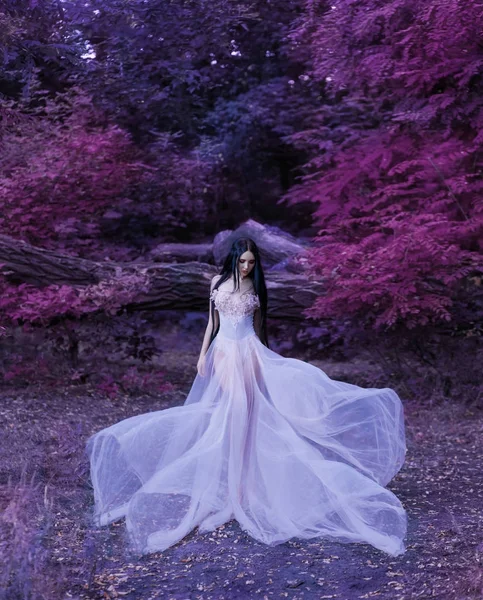 Chica Frágil Vestido Transparente Cabello Largo Irreal Viento Hace Vacilar — Foto de Stock