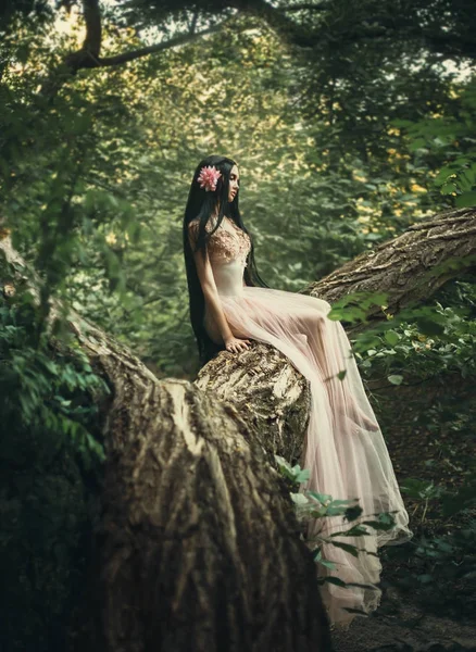 Kırılgan Bir Kız Şeffaf Bir Elbise Bir Ağaçta Oturuyor Gerçek — Stok fotoğraf
