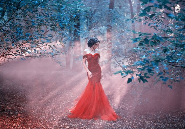 Attractive girl in a red dress. Walk in the fairy forest. Artistic Photography