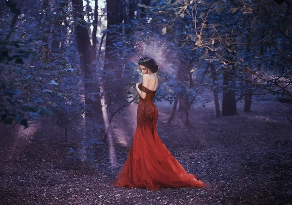 Menina Atraente Vestido Vermelho Caminhe Floresta Fadas Fotografia Artística — Fotografia de Stock