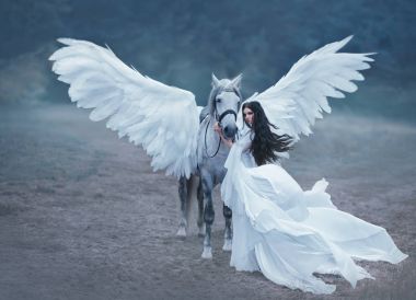 Güzel, genç bir elf, bir unicorn ile yürüme. O inanılmaz bir ışık, beyaz elbise giymiş. Sanat hotography