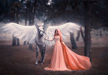Güzel, genç bir elf, bir unicorn ile yürüme. O inanılmaz bir ışık, beyaz elbise giymiş. Sanat hotography
