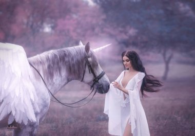 Güzel, genç bir elf, bir unicorn ile yürüme. O inanılmaz bir ışık, beyaz elbise giymiş. Sanat hotography