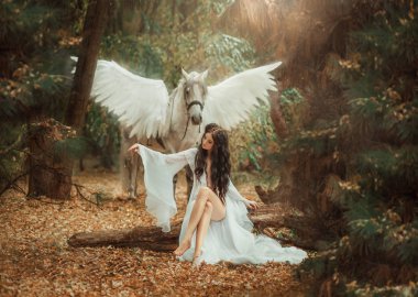 Güzel, genç bir elf, bir unicorn ile yürüme. O inanılmaz bir ışık, beyaz elbise giymiş. Sanat hotography