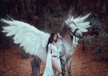 Güzel, genç bir elf, bir unicorn ile yürüme. O inanılmaz bir ışık, beyaz elbise giymiş. Sanat hotography